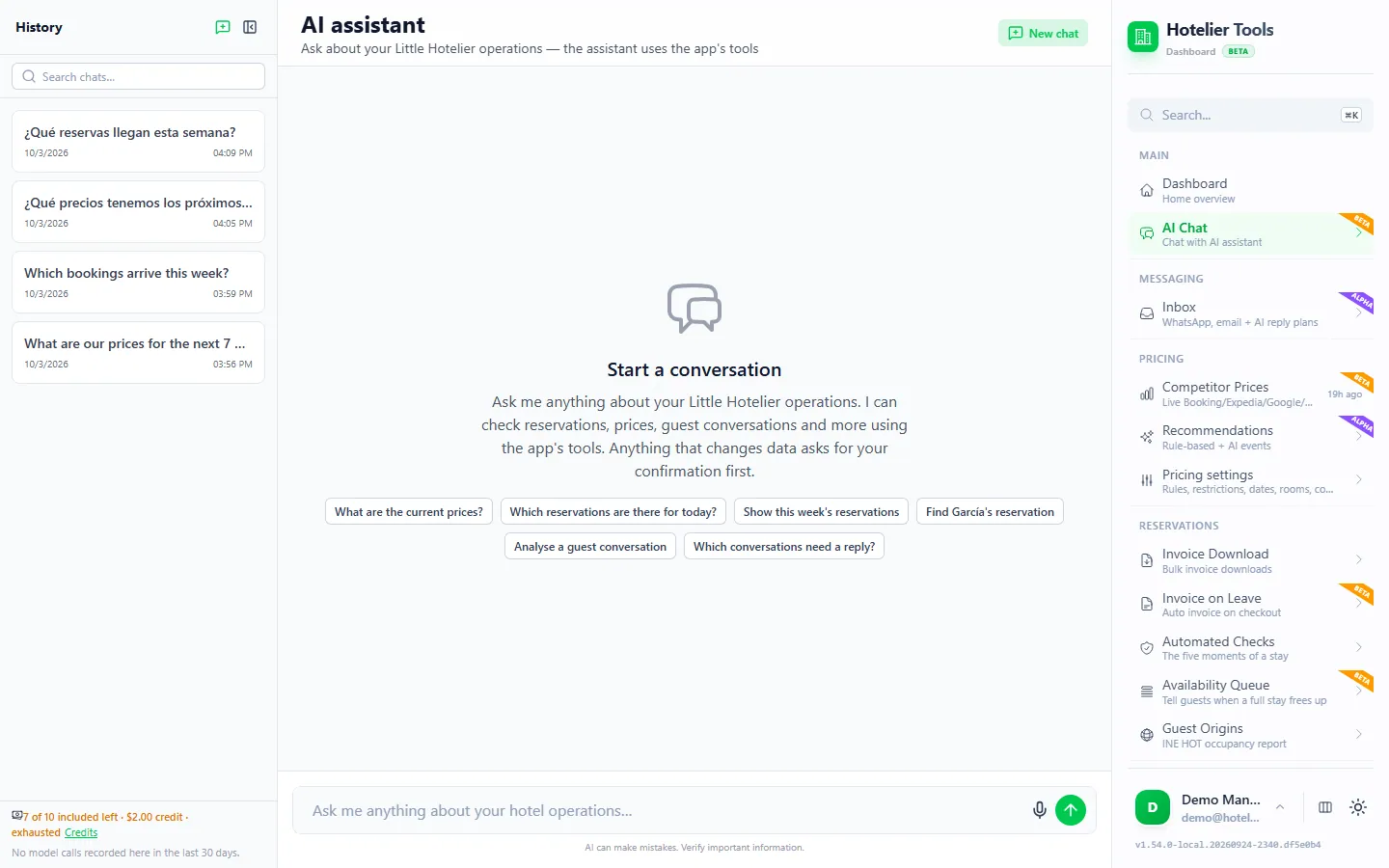 Hotelier Tools AI assistant start screen saying that anything that changes data asks for confirmation first, with suggested questions and the chat history on the left