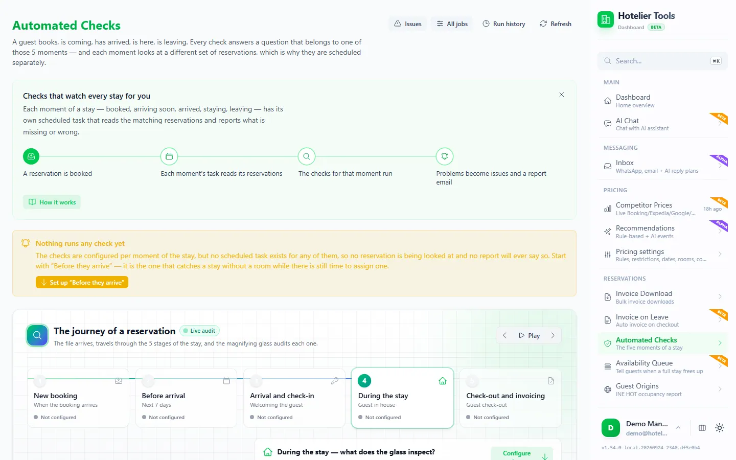 Automated Checks page in Hotelier Tools: how the checks work in four steps, a Nothing runs any check yet notice suggesting Before they arrive, and The journey of a reservation through its five stages