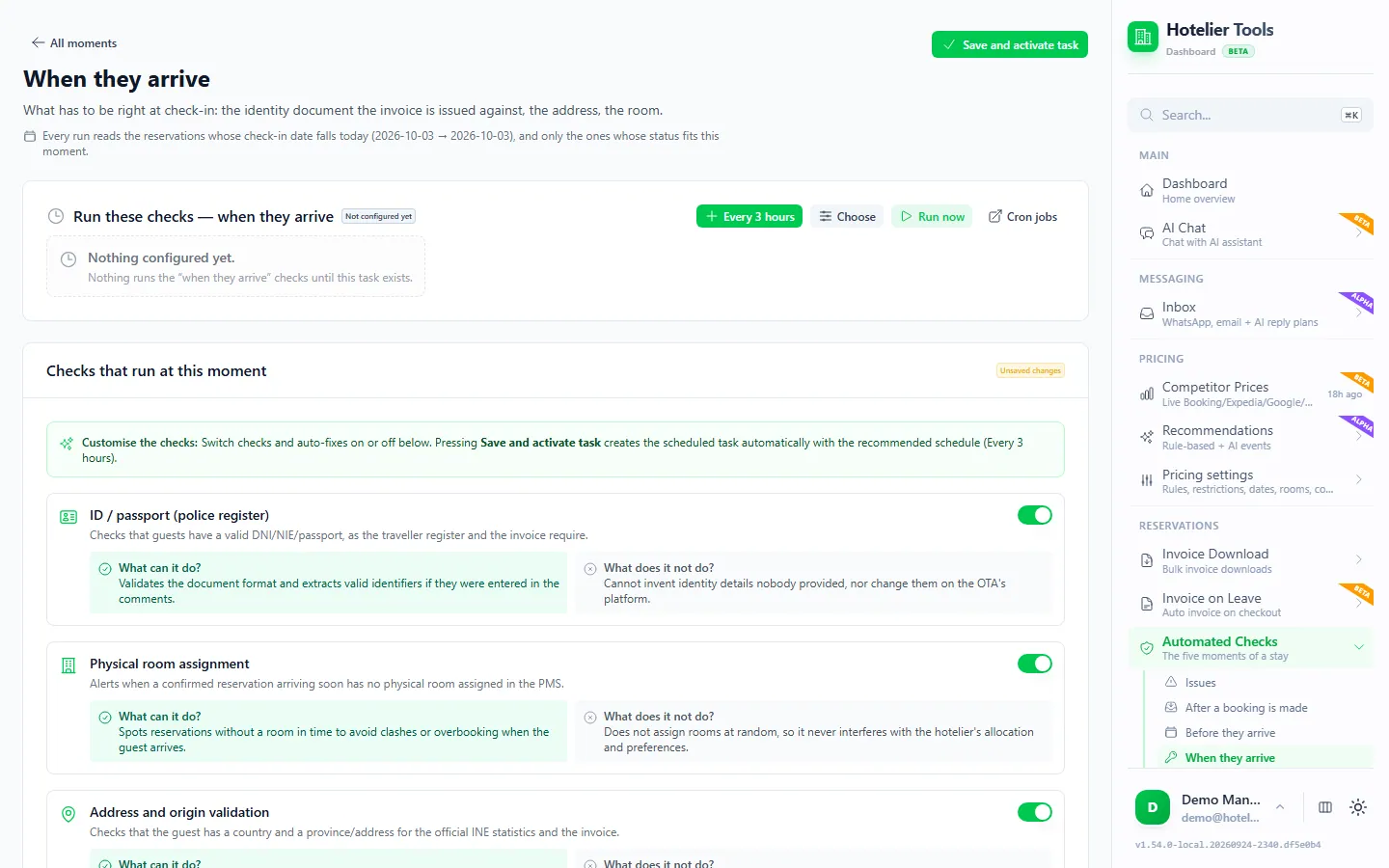 When they arrive checks in Hotelier Tools: ID / passport (police register), physical room assignment and address and origin validation switched on, with what each check can and cannot do