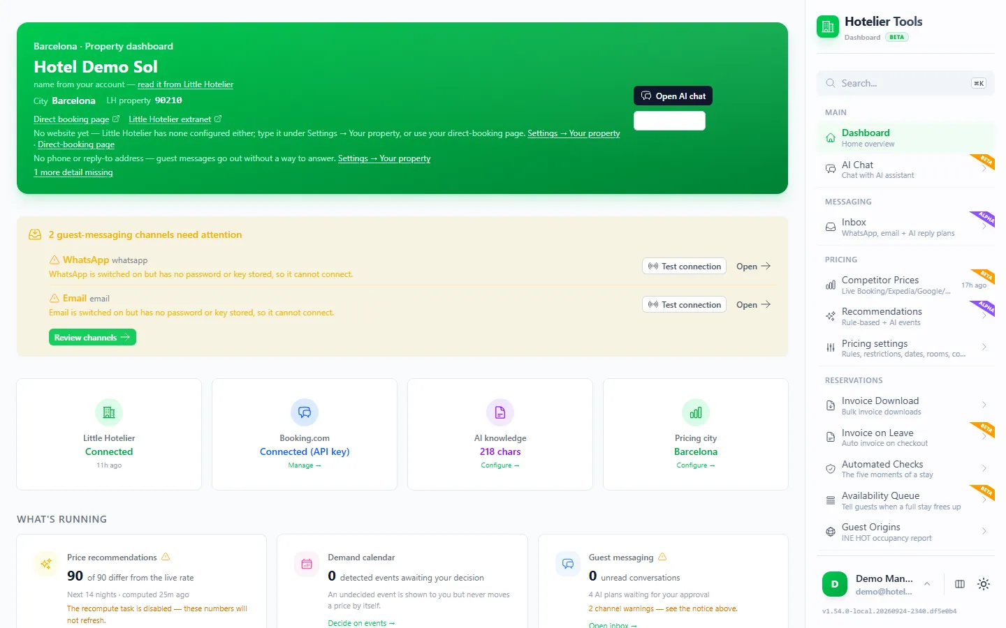 Hotelier Tools home dashboard for the demo property Hotel Demo Sol: an Open AI chat card, a notice that two guest-messaging channels need attention, and status tiles for Little Hotelier, Booking.com, AI knowledge and the pricing city