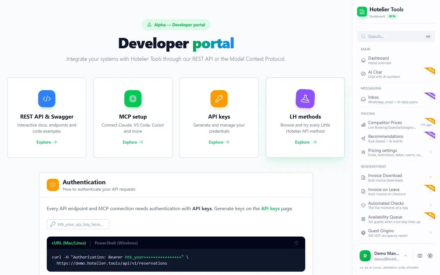 Developer portal in Hotelier Tools with cards for REST API & Swagger, MCP setup, API keys and LH methods, and an Authentication box with a cURL example using a placeholder API key