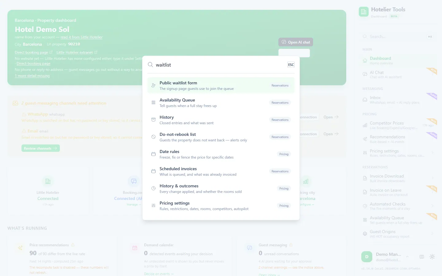 Command palette opened with Ctrl+K over the Hotelier Tools dashboard, with the query waitlist and matching pages such as Public waitlist form, Availability Queue, History, Do-not-rebook list and Scheduled invoices, each tagged with its section