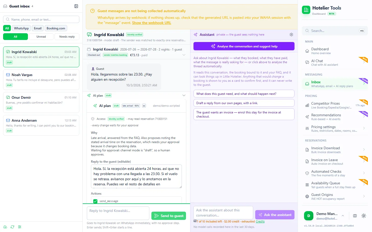 Hotelier Tools guest inbox with a WhatsApp conversation from Ingrid Kowalski about a late arrival (identity verified, booking linked), an AI plan in draft with an editable reply, and the private Assistant pane