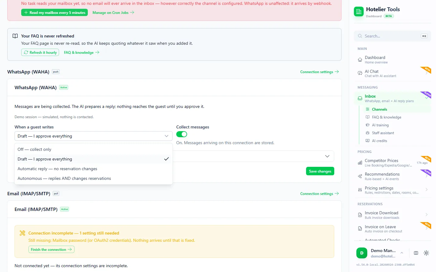 Messaging Channels page with the When a guest writes menu open on the WhatsApp connection: Off (collect only), Draft (I approve everything, selected), Automatic reply (no reservation changes) and Autonomous (replies and changes reservations)