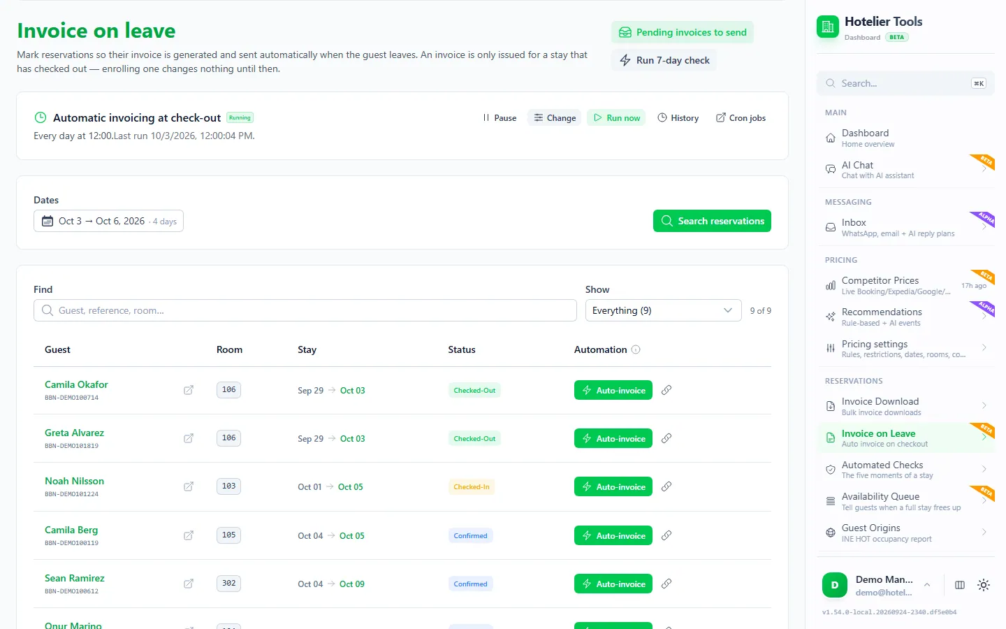 Invoice on leave page in Hotelier Tools: the Automatic invoicing at check-out task running every day at 12:00, a date range with Search reservations, and the reservations table with an Auto-invoice button for each stay