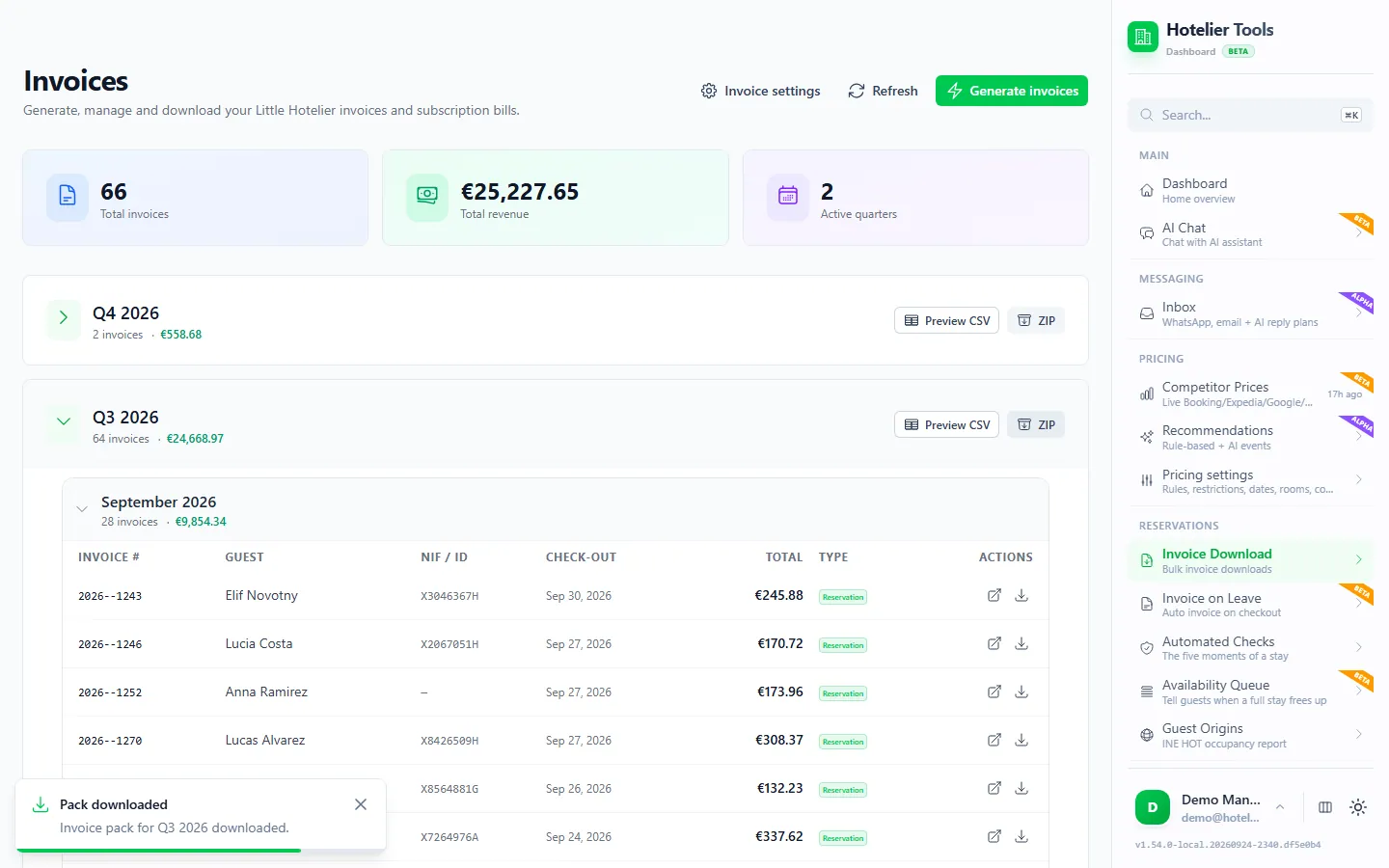 Invoices page grouped by quarter, with Preview CSV and ZIP buttons on Q4 and Q3 2026, the September 2026 invoice table open, and a Pack downloaded notice confirming the invoice pack for Q3 2026 was downloaded