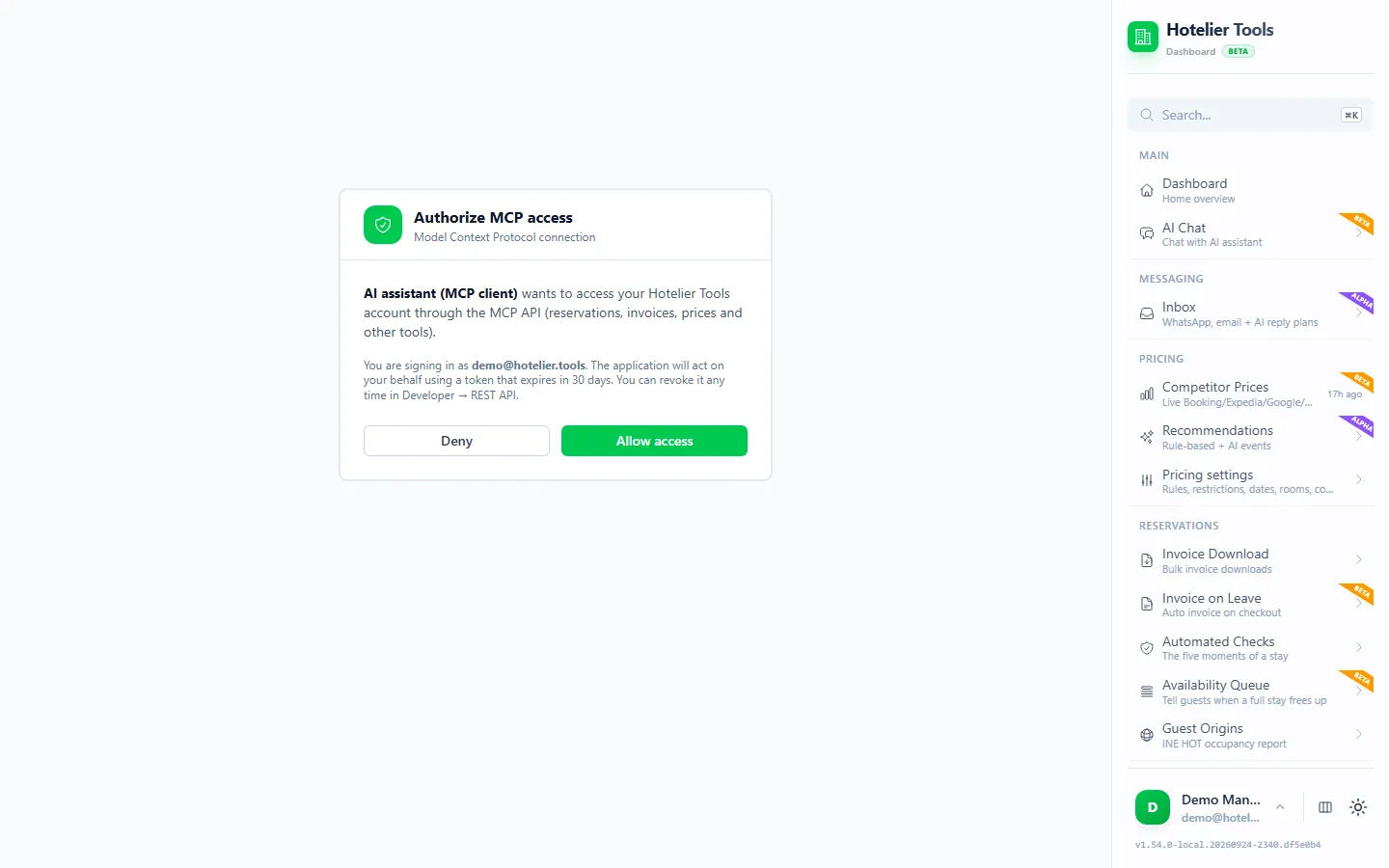 Hotelier Tools Authorize MCP access page that an AI assistant opens when it connects, with a 30-day token notice and the Deny and Allow access buttons