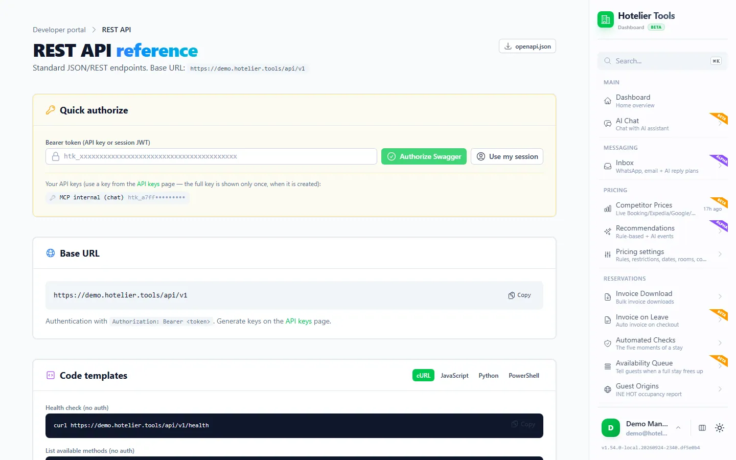 REST API reference page in Hotelier Tools with the base URL, an openapi.json download, the Quick authorize box (Bearer token field, Authorize Swagger, Use my session) and code templates in cURL, JavaScript, Python and PowerShell