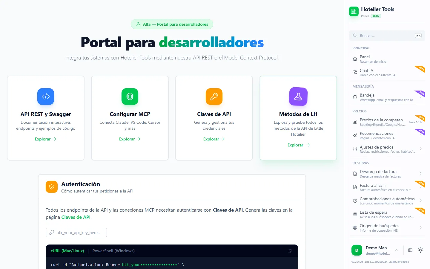 Portal para desarrolladores de Hotelier Tools con tarjetas de API REST y Swagger, configuración de MCP, claves de API y métodos de LH, encima de un ejemplo de autenticación con una clave de API
