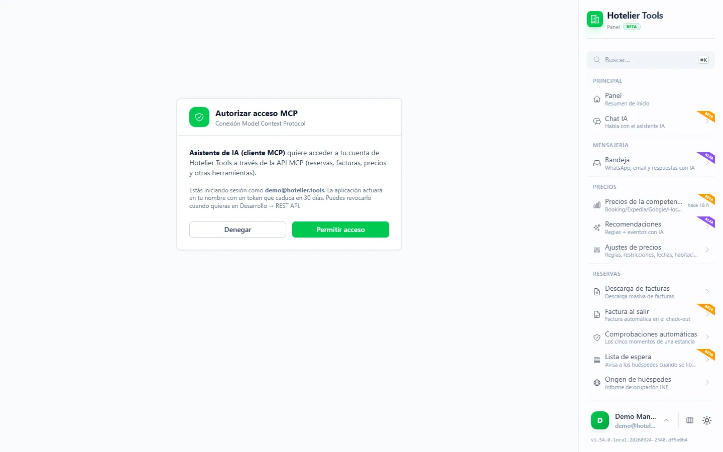 Página Autorizar acceso MCP de Hotelier Tools que abre un asistente de IA al conectarse, con el aviso de token de 30 días y los botones Denegar y Permitir acceso