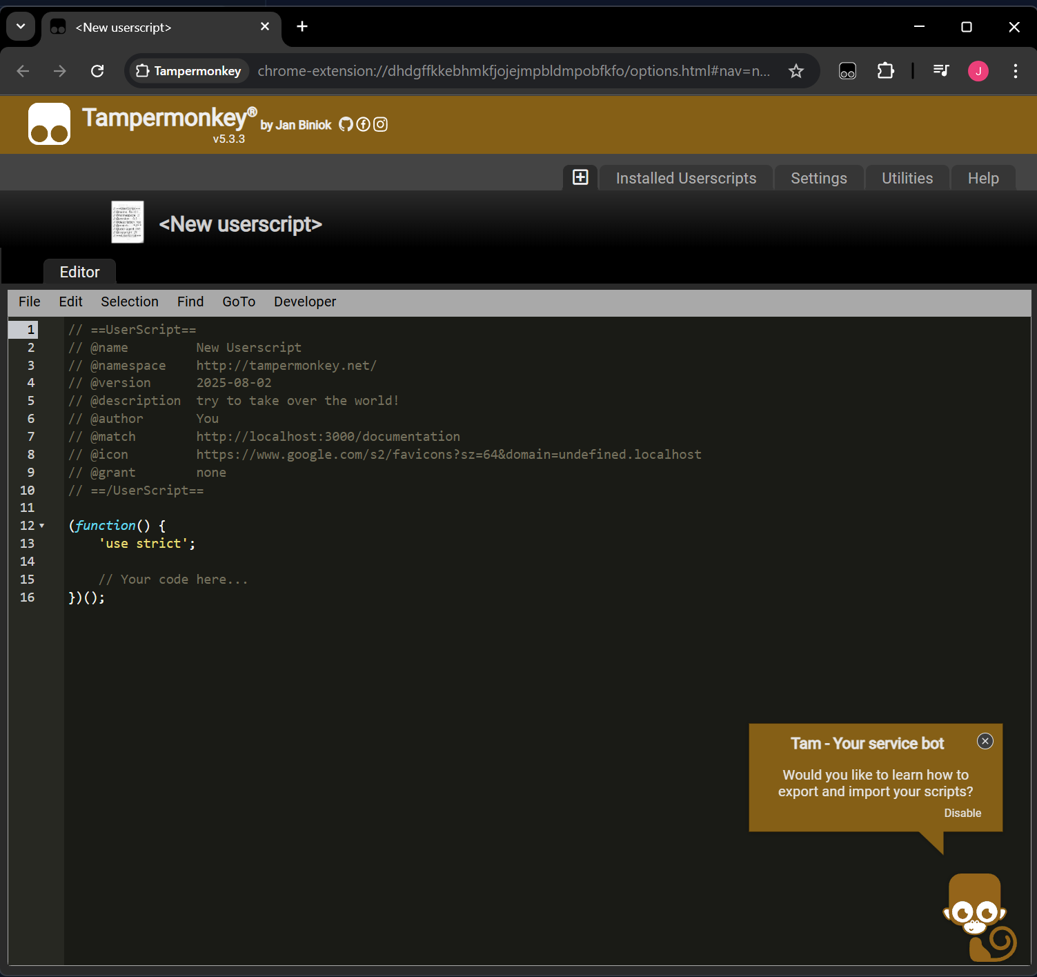 Panel de Tampermonkey con opción de crear script
