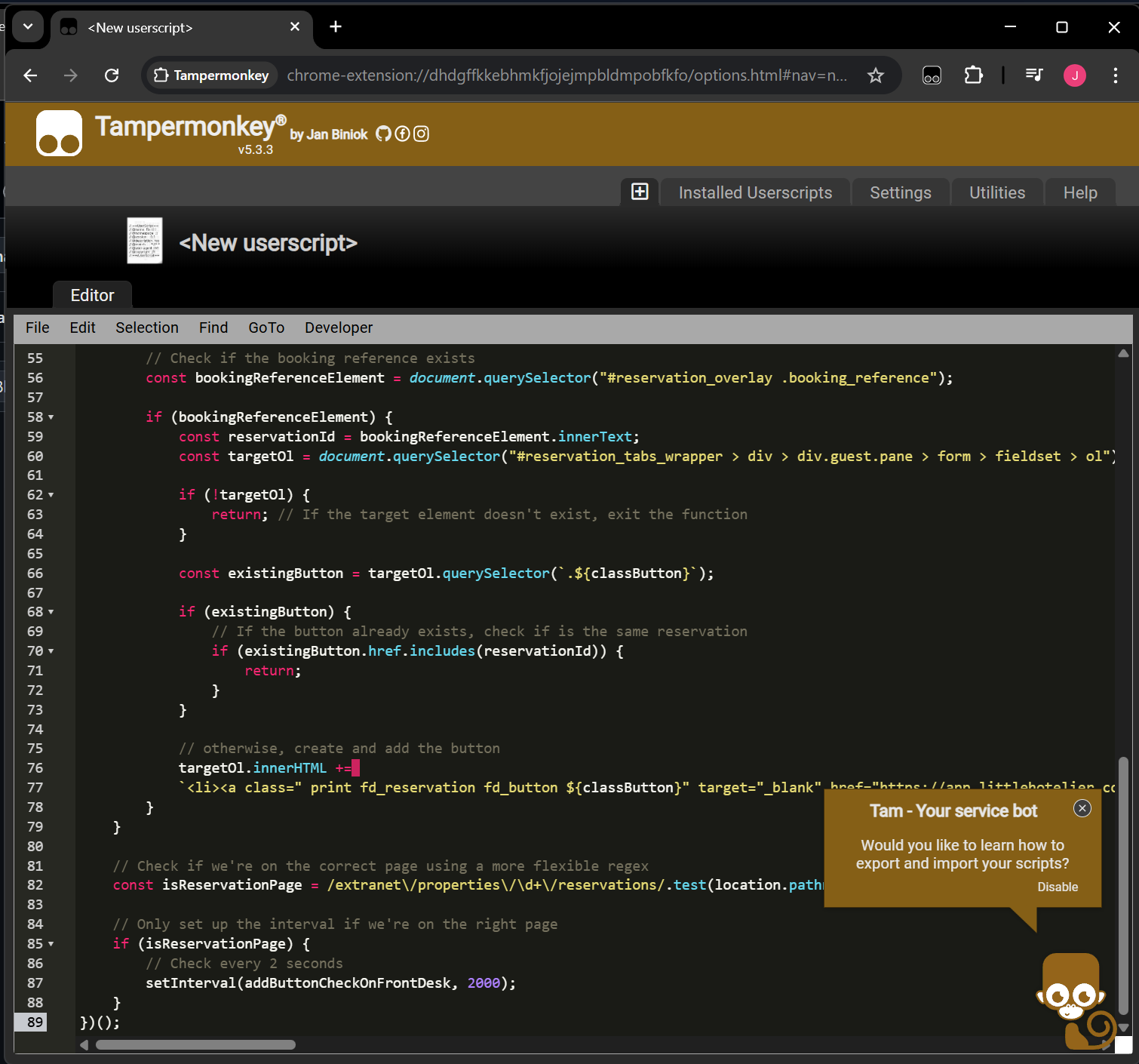 Editor de Tampermonkey con código pegado