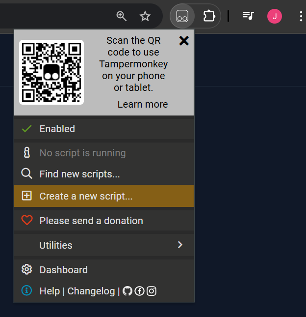 Panel de Tampermonkey con opción de crear script