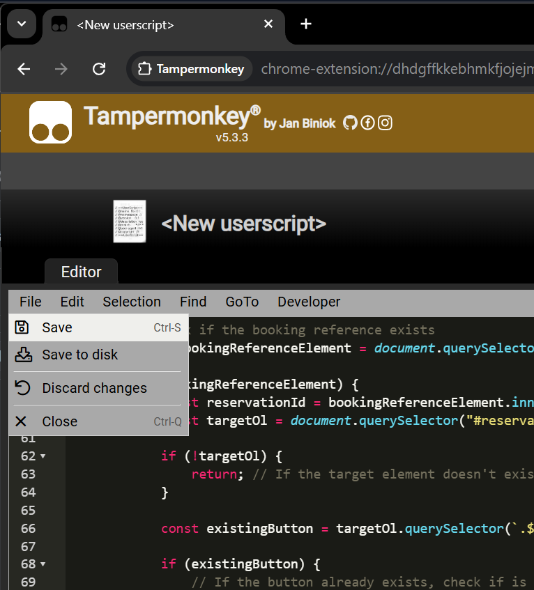 Editor de Tampermonkey con código pegado